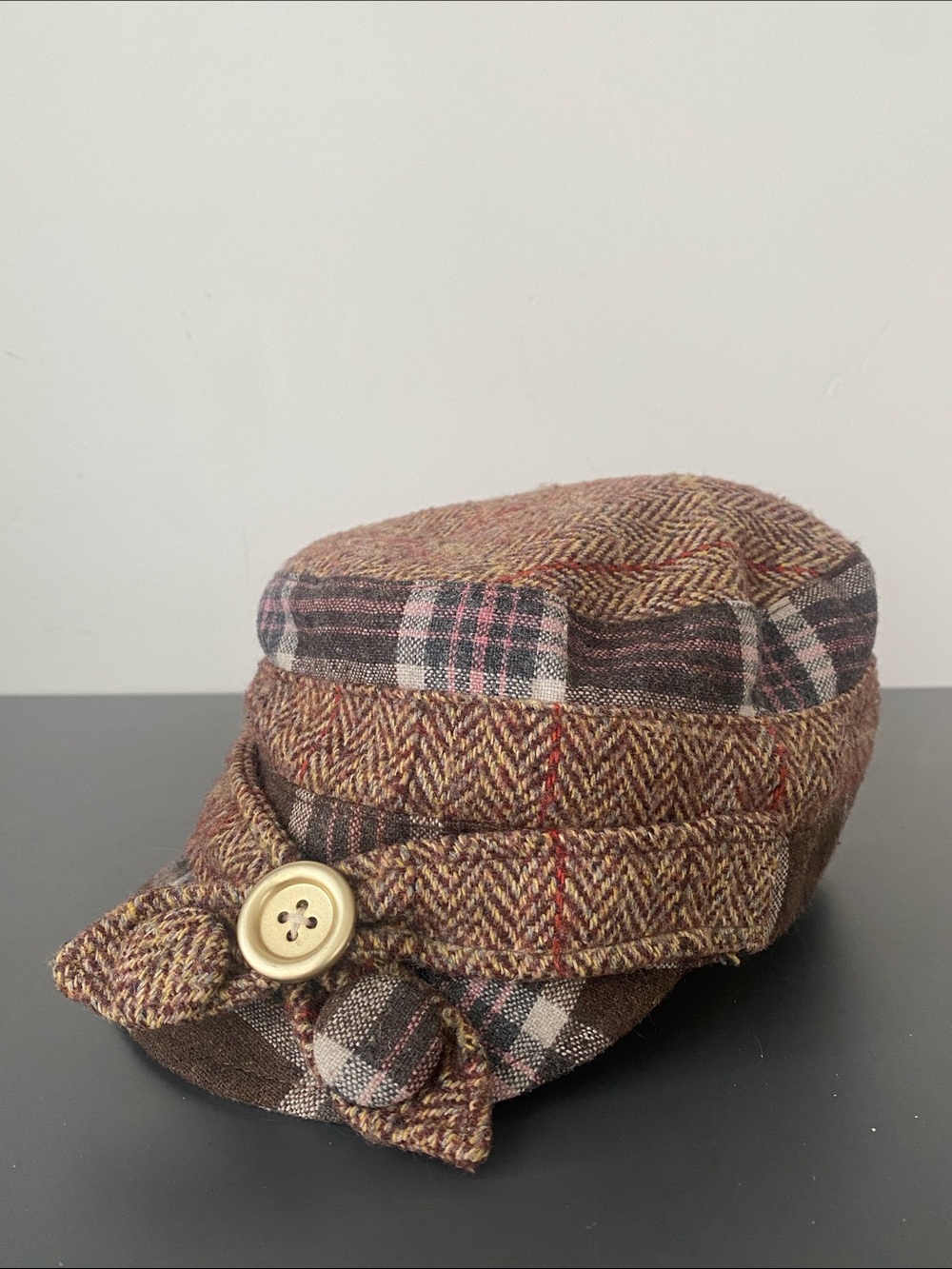 August Hats Women's Brown Tweed Plaid Cadet Cap Button Accent S/M Cottage Boho